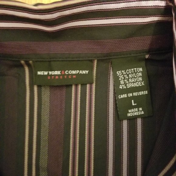 New York & Co. Stretch L/S V-Neck Button Up Striped Shirt Purple Womens Sz Large - Picture 8 of 10